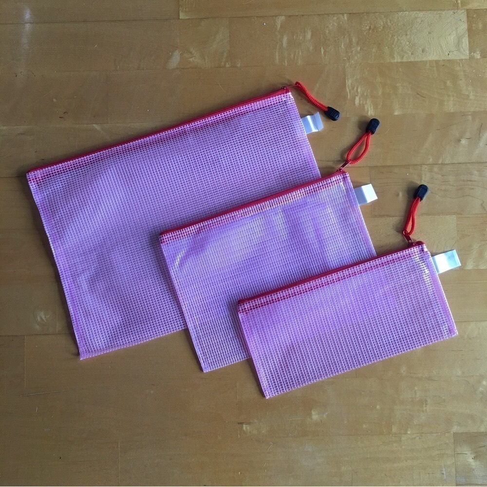 Set/3 Waterproof RED Document Zipper Travel Pouches, File Organizers, Clear